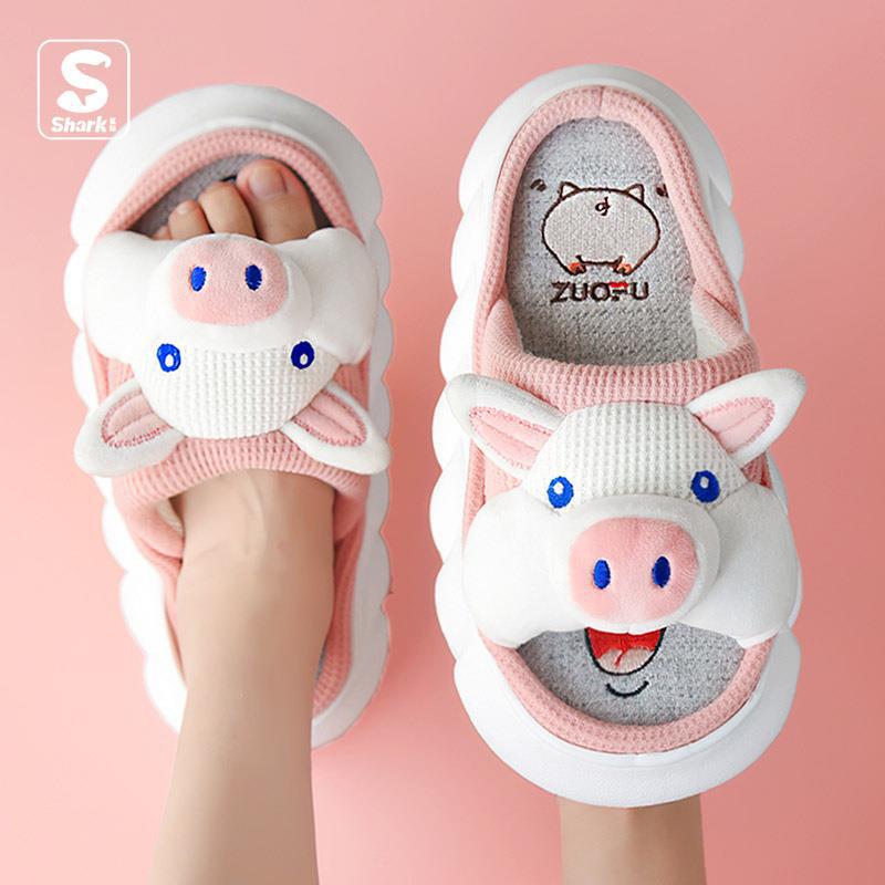 pig cute linen slippers women‘s four seasons home room sweat absorbing and deodorant thick bottom spring and autumn cotton linen sandals summer