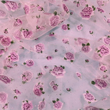 欧根纱印花布料烂花现货玻璃纱家纺布紫色烧花防晒衣工艺品面料