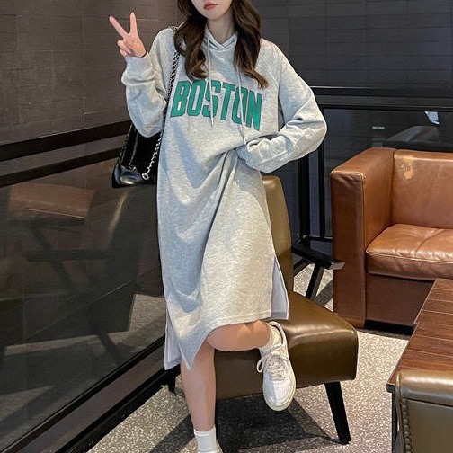 大码双侧开叉连帽卫衣裙女秋冬内搭胖mm加绒加厚宽松休闲连衣裙