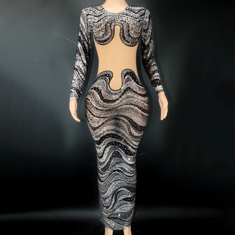 跨境热卖欧美女歌手性感透明网纱水钻花纹紧身连衣裙生日宴会礼服