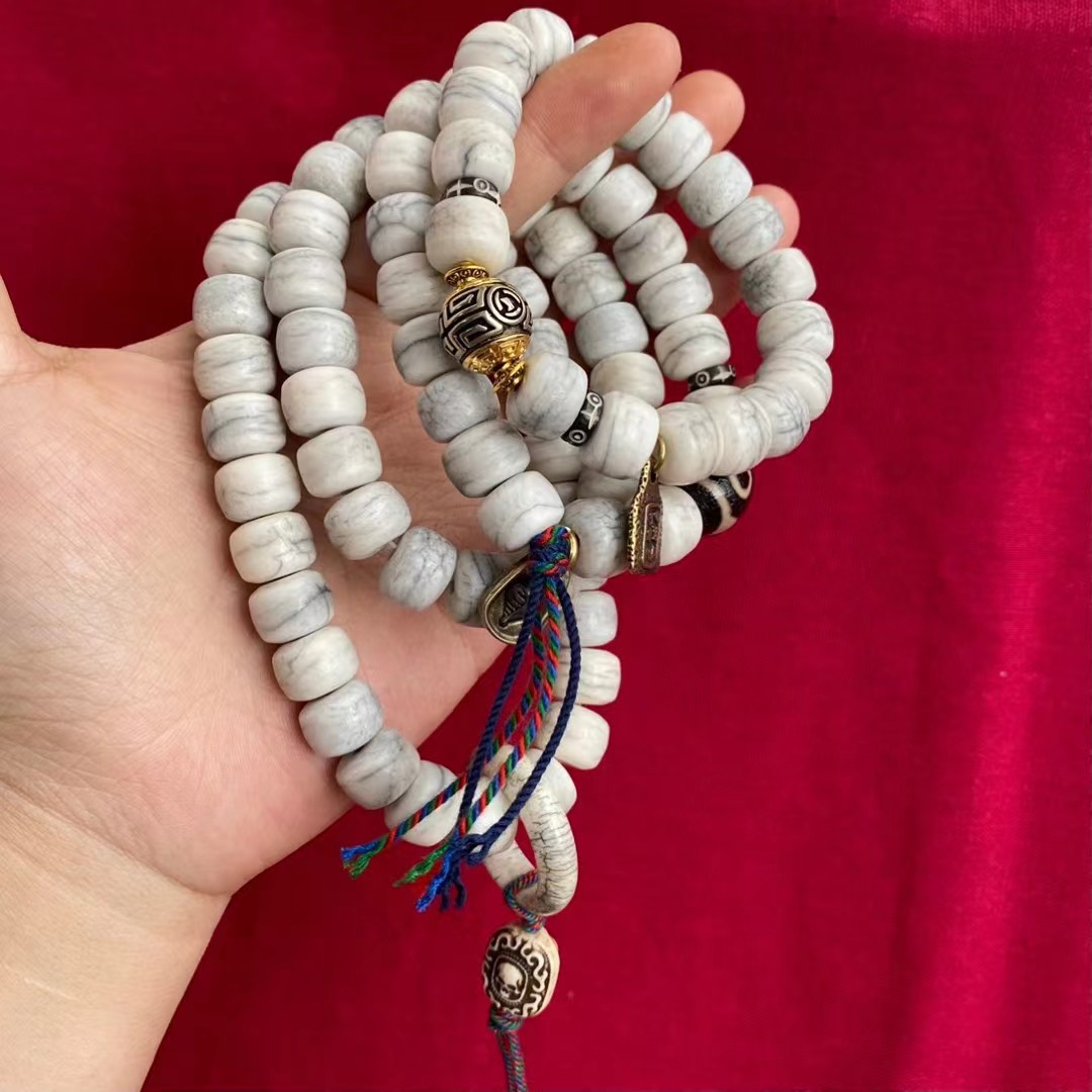 西藏藏式文玩牛骨108颗炸纹桶珠手串手持108佛珠批发直播供货