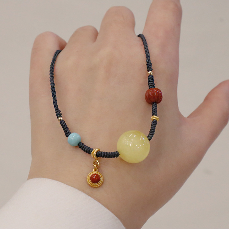 天然大蜜蜡圆珠原创锁骨项链毛衣链手工编织抽拉绳天然南红兰松