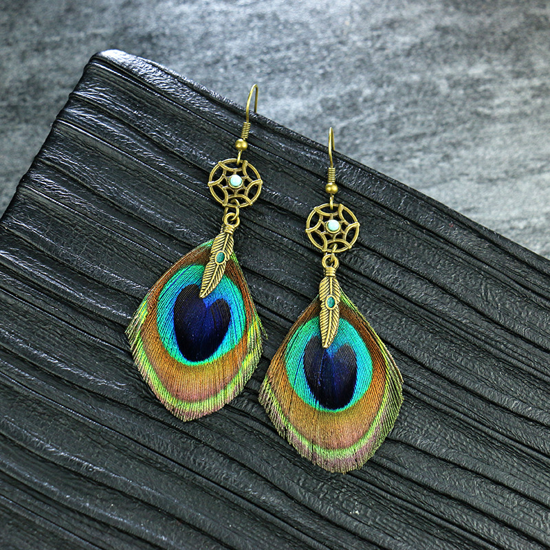 ins风天然孔雀羽毛精美耳环 松石圆形少数民族风网红同款耳坠女