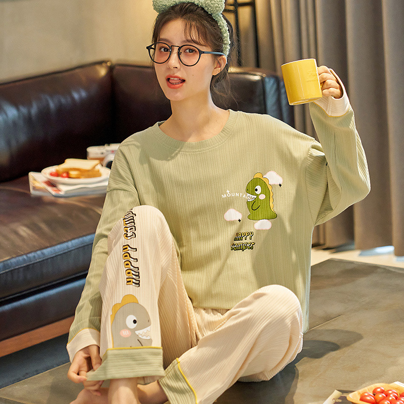 Autumn and Winter Pajamas Women's Long-Sleeved Trousers Suit Spring Home Wear Combed Cotton Cute Cartoon Spring and Autumn Can Be Worn outside