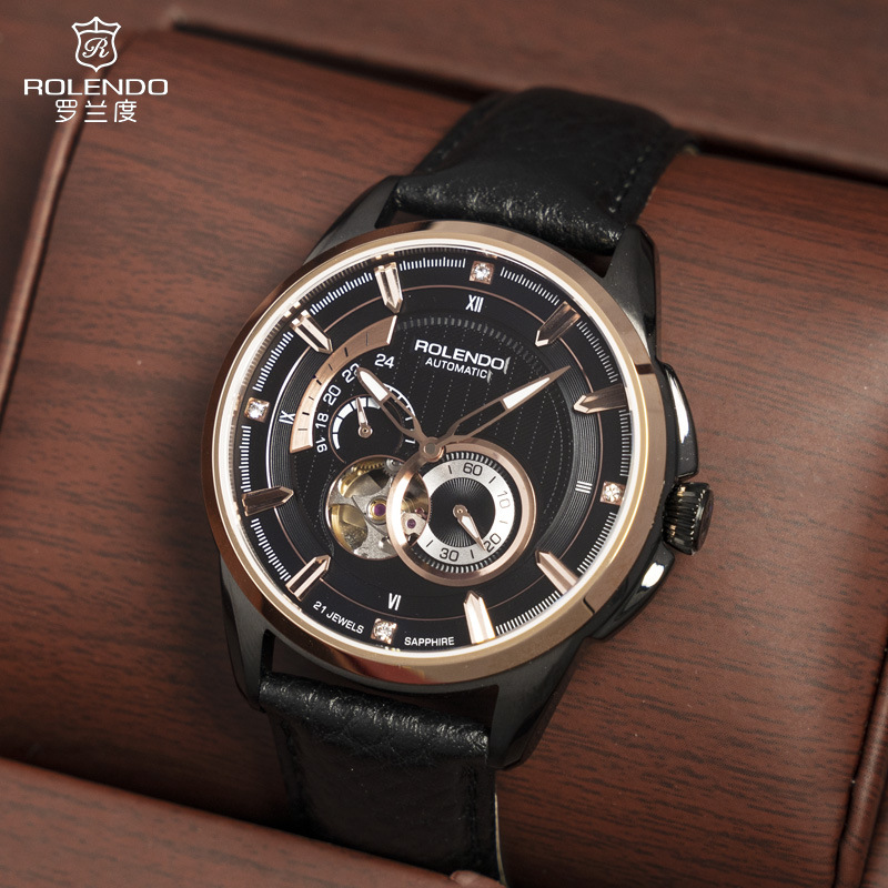 罗兰度瑞士手表防水男士罗兰度全自动机械表镂空7025黑武士玫黑