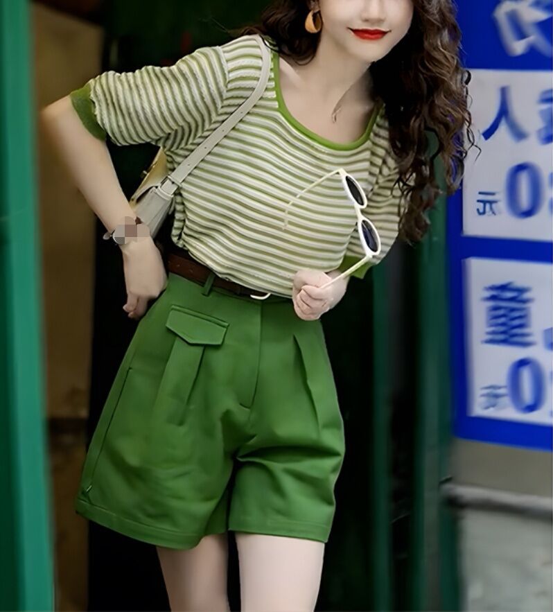 成套搭配2023夏装女装盐系高级感小香风休闲绿色短裤两件套装夏季