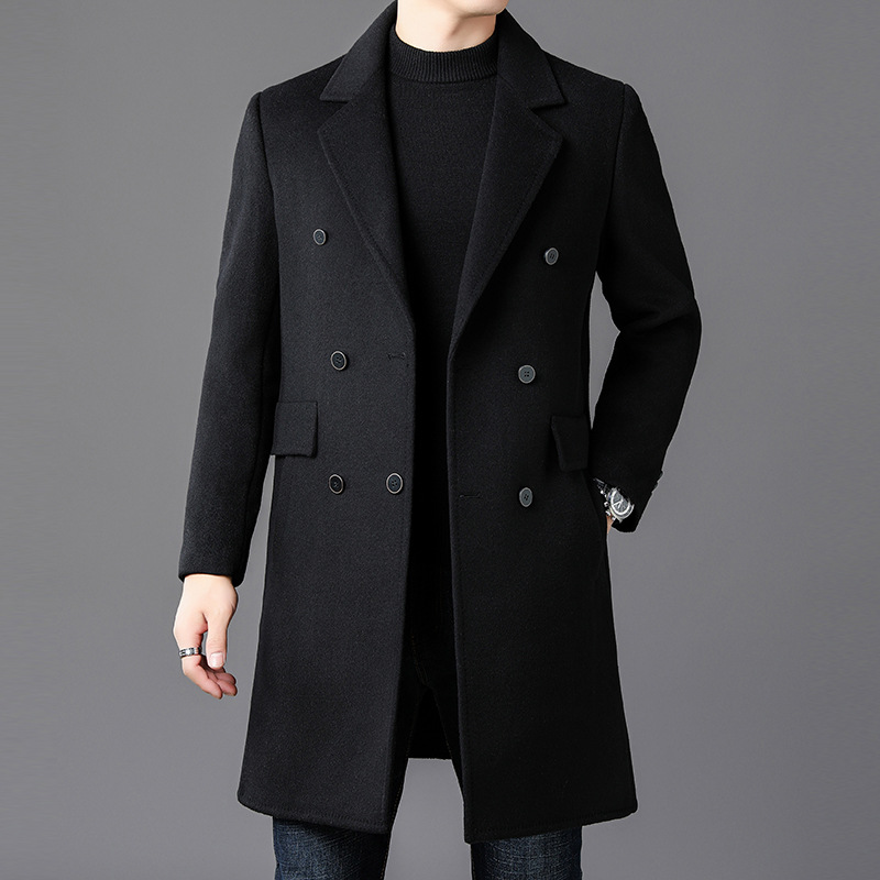 春秋季新款男士羊毛呢大衣保暖商务休闲西装领长款外套男中年上衣