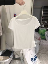 韩国东大门2024春季女装新款洋气减龄纯色大圆领显瘦短袖T恤女潮