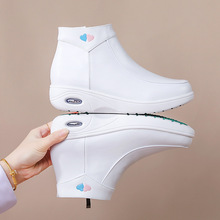冬季护士鞋女高帮气垫软底棉鞋平底医护鞋加绒保暖工作鞋白色短靴