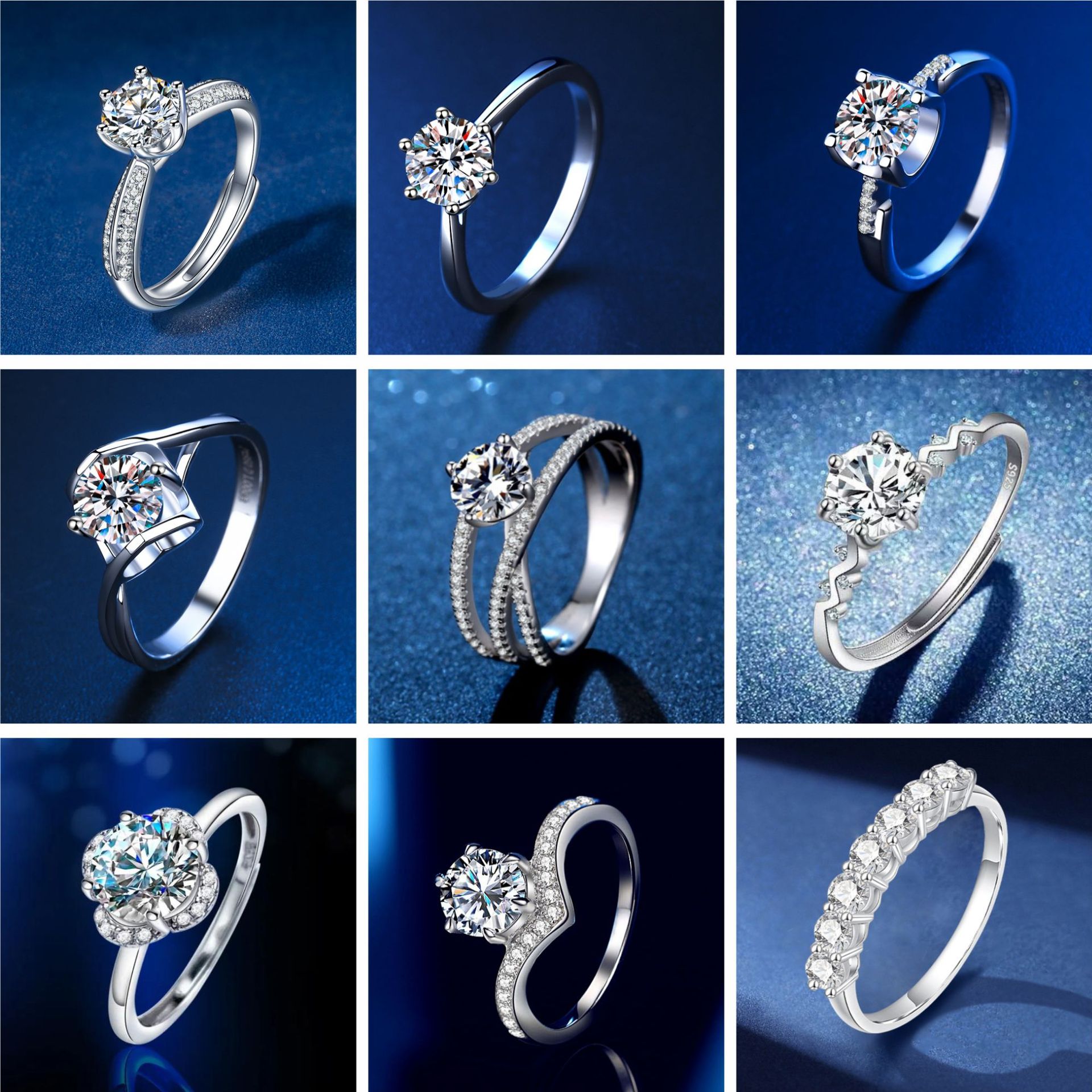 莫桑钻戒女经典六爪戒指一克拉婚戒情侣 可调节指环直播新款 刻字