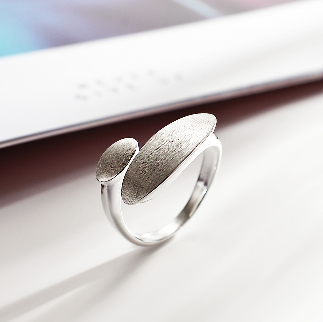 925银 拉丝效果 两椭圆开口戒指 女士戒指可调节 跨境热卖