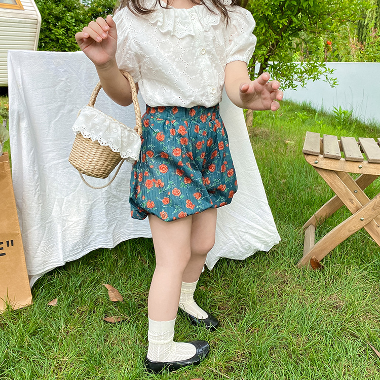 艾摩贝贝 儿童洋气休闲立体花苞短裤夏款女童宝宝韩版灯笼南瓜裤