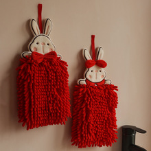 新年擦手巾挂式可爱兔子吸水不掉毛红色结婚洗手间厨房雪尼尔毛巾