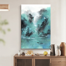 肌理手绘油画玄关山水装饰画客厅纯青绿新中式挂画画风景仙鹤抽象