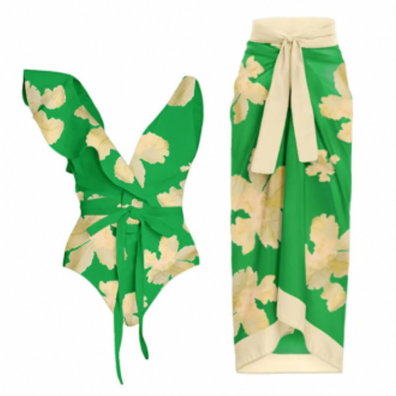 Foreign Trade European and American Bikini Swimsuit Two-Piece Suit Printed One-Piece French Retro Waist Strap French Beach Gauze Skirt