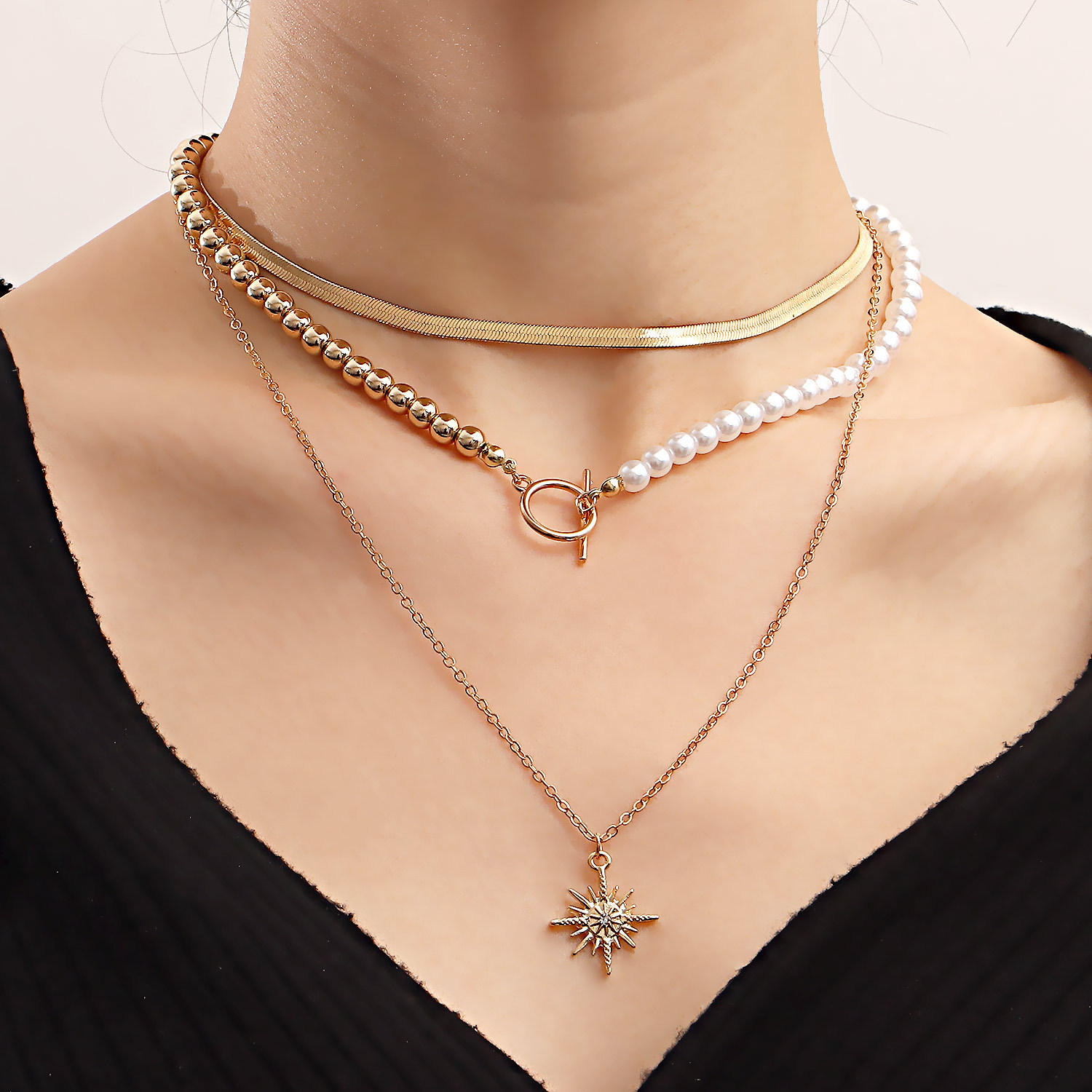 欧美热销饰品复古百搭扁蛇链仿珍珠六芒星项链女多层叠戴套装配饰