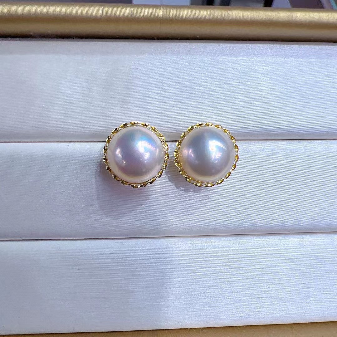 18k金12-13mm天然淡水马贝珍珠耳钉强光麻花耳饰气质高级百搭优雅