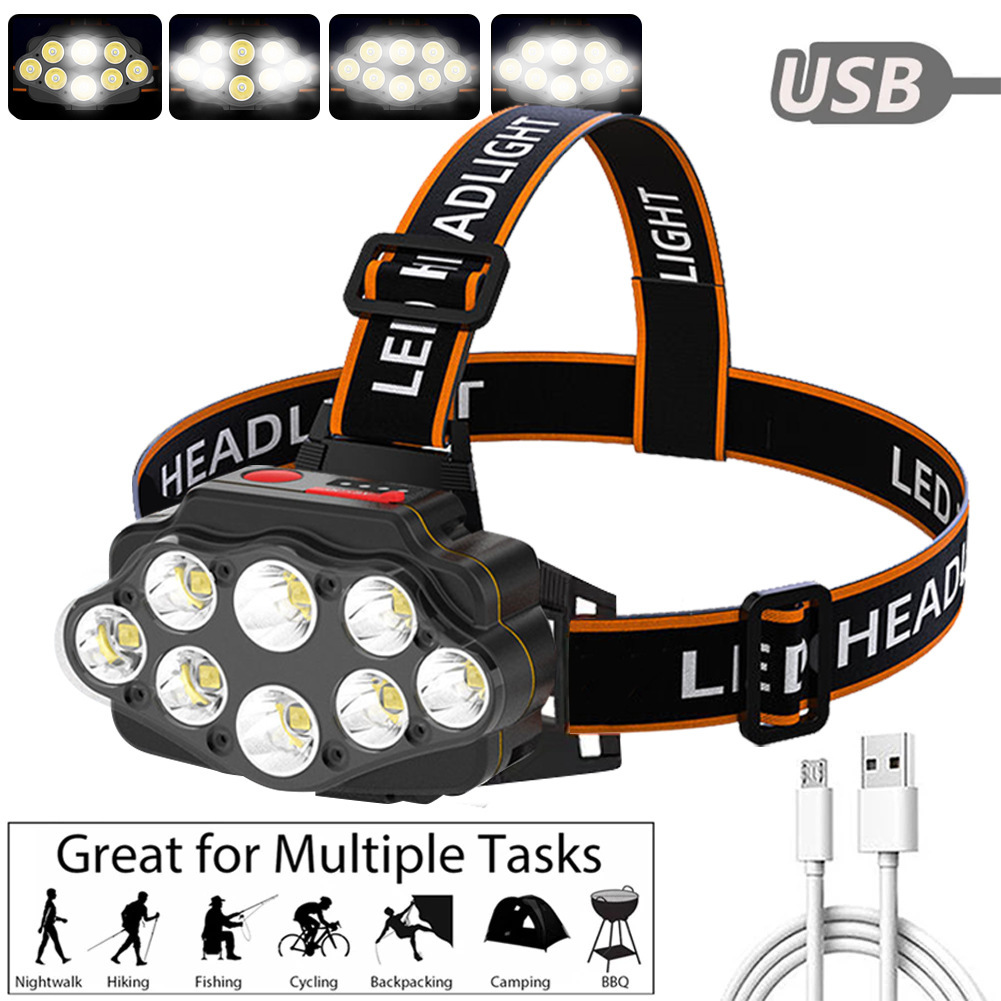 Eight-Core Major Headlamp USB Rechargeable Night Night Fish Luring Lamp Super Bright Long-Range Head-Mounted LED Miner's Lamp Camping Flashlight