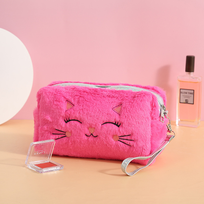 Foreign Trade Hot Cartoon Plush Wash Bag Small Clutch Square Bag Colorful Fluffy Embroidered Cat Cosmetic Bag Wholesale