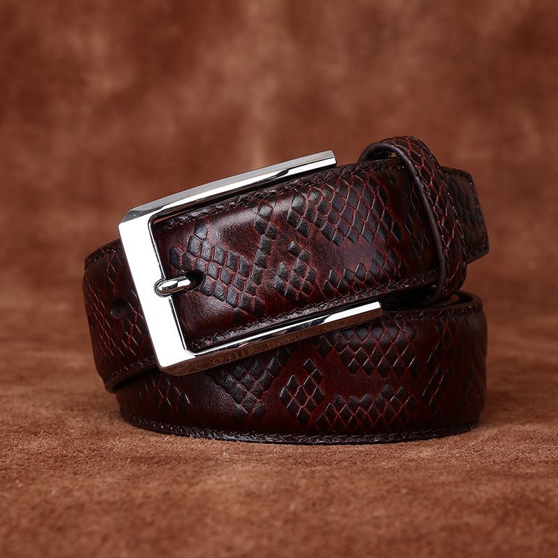 5cm宽商务时尚正装西裤蛇纹腰带男款真皮针扣纯牛皮压纹男皮带