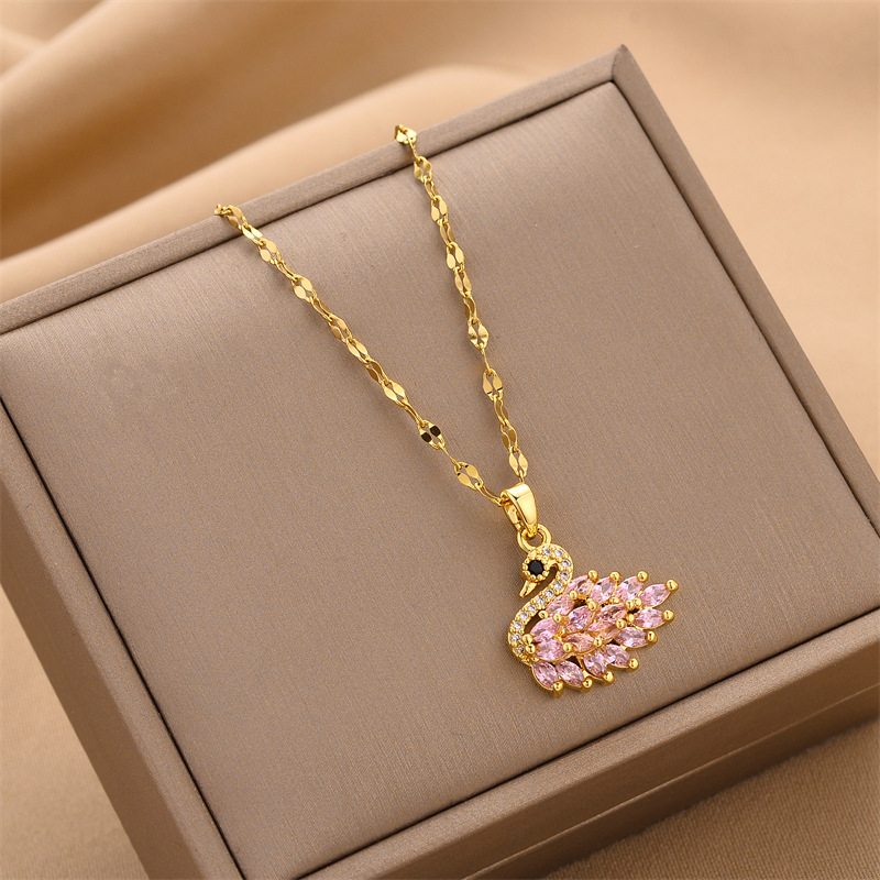 South Korea Dongdaemun Zircon with Diamond Swan Pendant Titanium Steel Necklace Female Special-Interest Design Color Retention Ornament Supply Wholesale