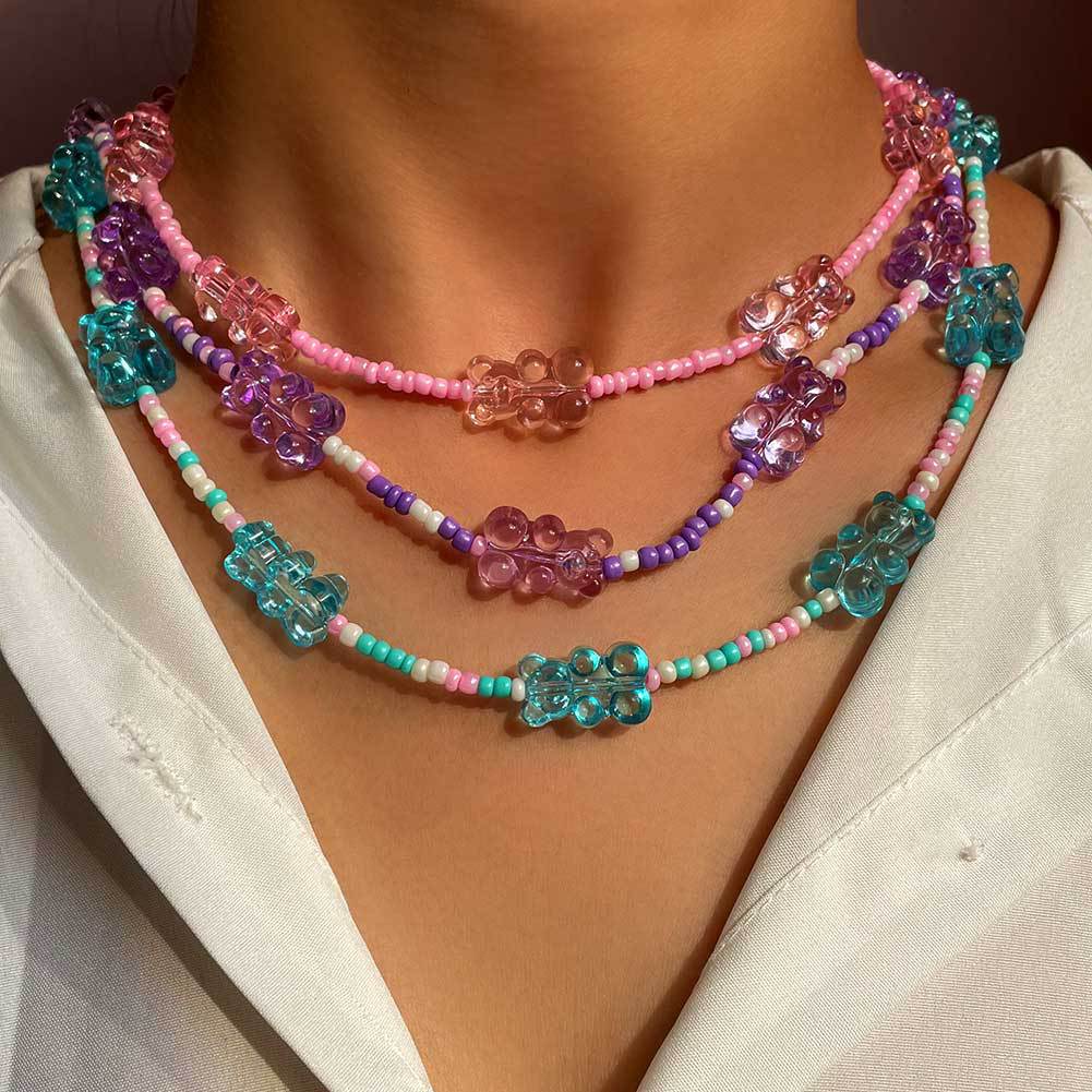 欧美跨境新品彩色串珠项链糖果色小熊配饰颈链