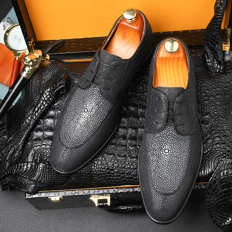 珍珠鱼皮鞋男士商务正装休闲皮鞋固特异系带韩版时尚潮流真皮男鞋