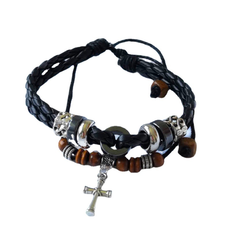 European and American Leisure Vintage Cowhide Hand Weaving Bracelet British Style Men and Women Jewelry Fashion All-Match Cross Leaves