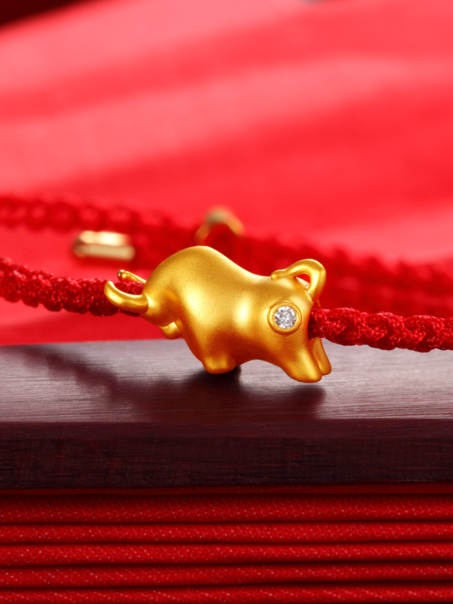 黄铜镀3d硬金转运珠本命年牛手链宝宝红绳编织调节牛年一定赚手链