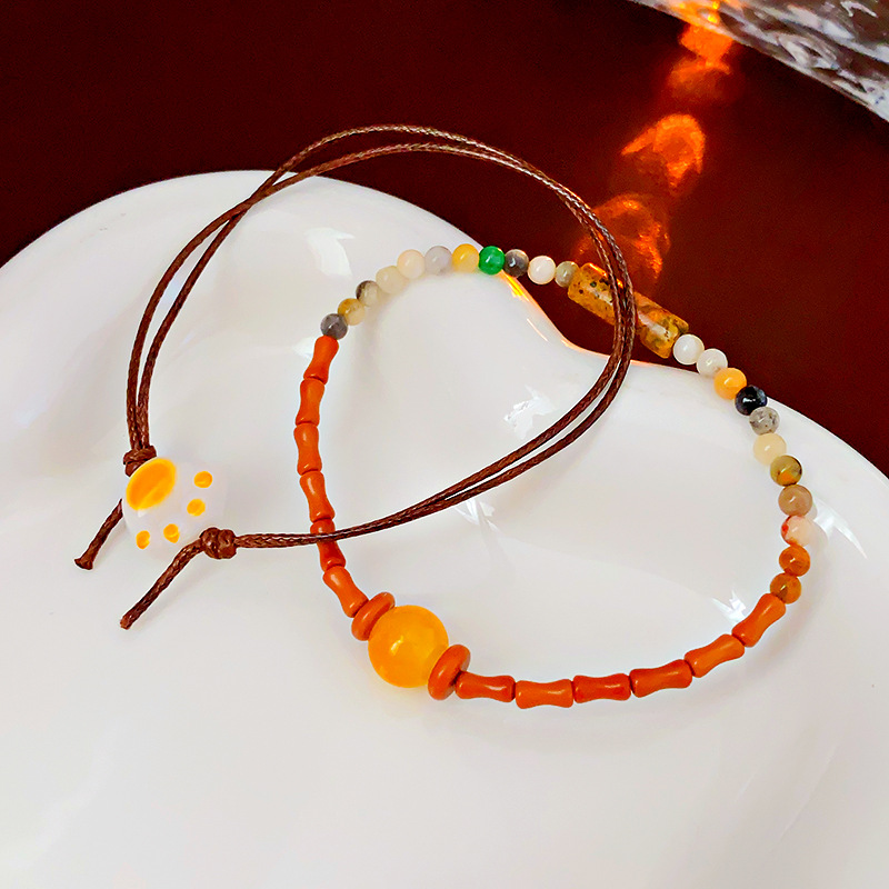 Ebony Bamboo Glazed round Beads Cat's Paw Braided Rope Bracelet Retro Easy Matching Bracelet Fashion Simple Hand Jewelry Wholesale