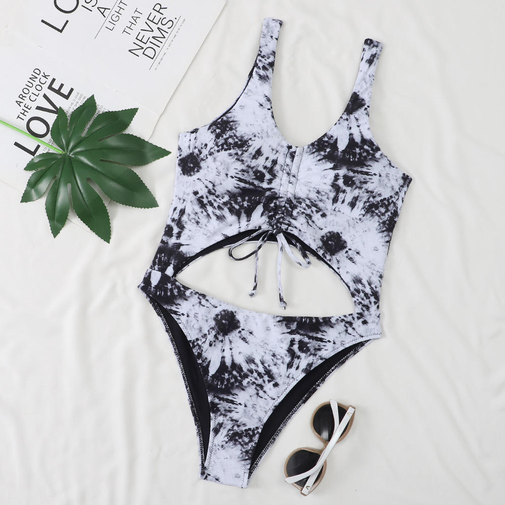 游泳衣批发亚马逊2022欧美外贸泳衣女士镂空扎染印花三角连体泳装