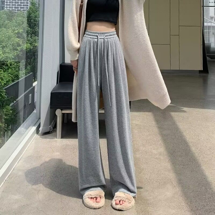 Glutinous Rice Pants Wide-Leg Pants for Women 2023 Autumn High Waist Loose and Slimming Draped Casual Pants Idle Style Knitted Mop Pants