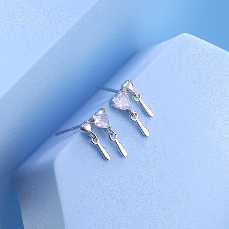 s925纯银双爱心水滴耳钉女百搭高级感ins甜美气质耳环锆石耳饰女