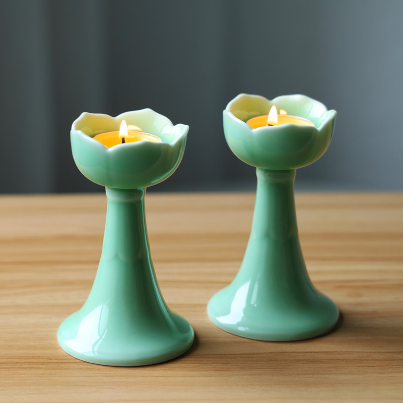 龙泉青瓷蜡烛台莲花供佛用品陶瓷烛台灯座酥油台家用供奉创意装饰