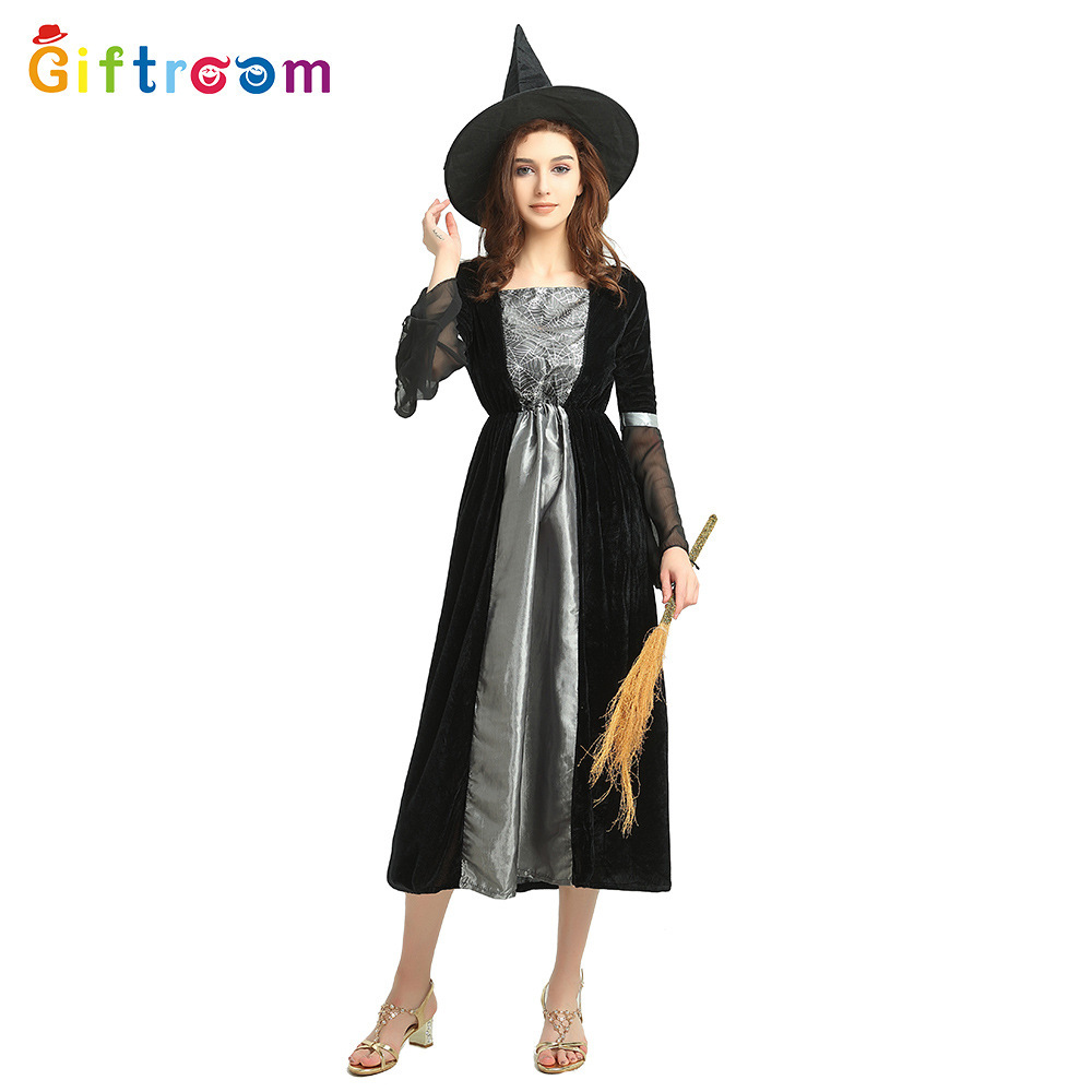 万圣节成人装扮cosplay长裙绒布黑巫婆女巫套装外贸ds舞台演出服