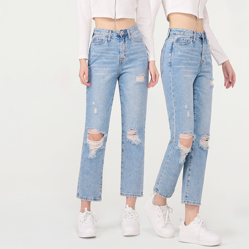   Women's Ripped Straight Jeans Spring and Summer Wear Wear Slimming High Slightly Pull Straight-eg Pants Mid Waist All-Match Ripped