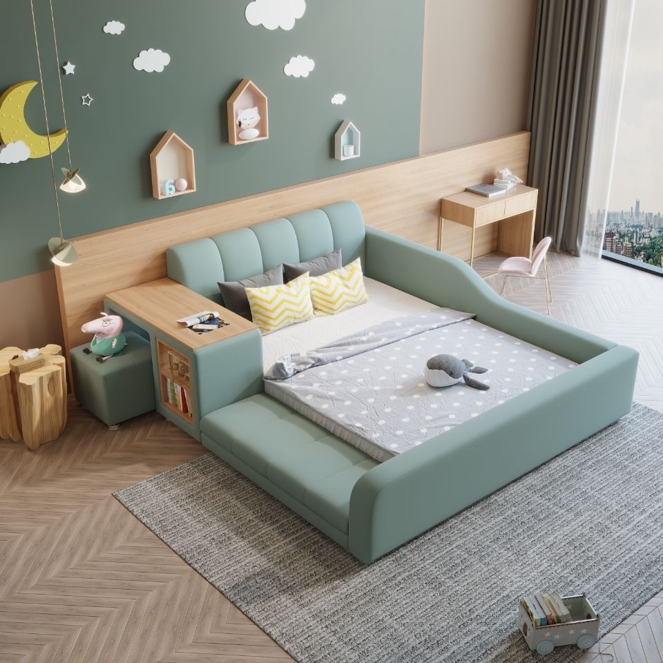 儿童床带护栏小床男孩女孩床榻榻米加宽多功能床上小书桌子书柜床