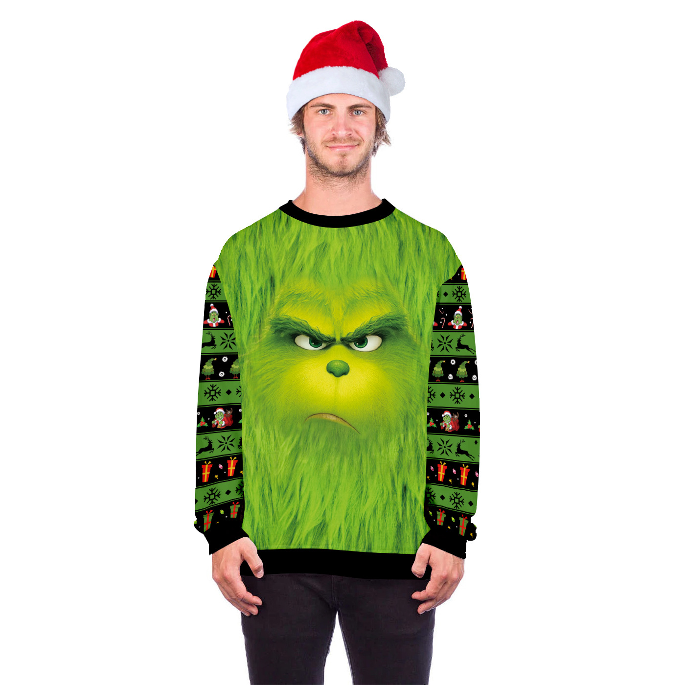 亚马逊新品圣诞格林奇数码印花情侣秋装圆领长袖卫衣休闲宽松上衣