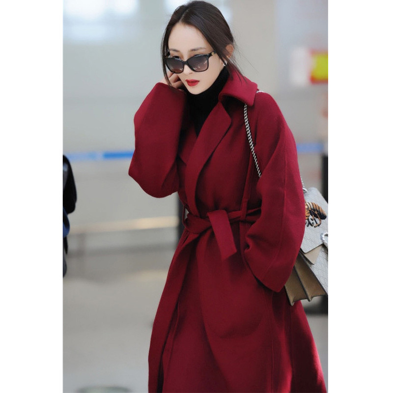 明星杨幂同款2020秋冬新款女装系带双面羊绒大衣ol过膝羊毛呢外套