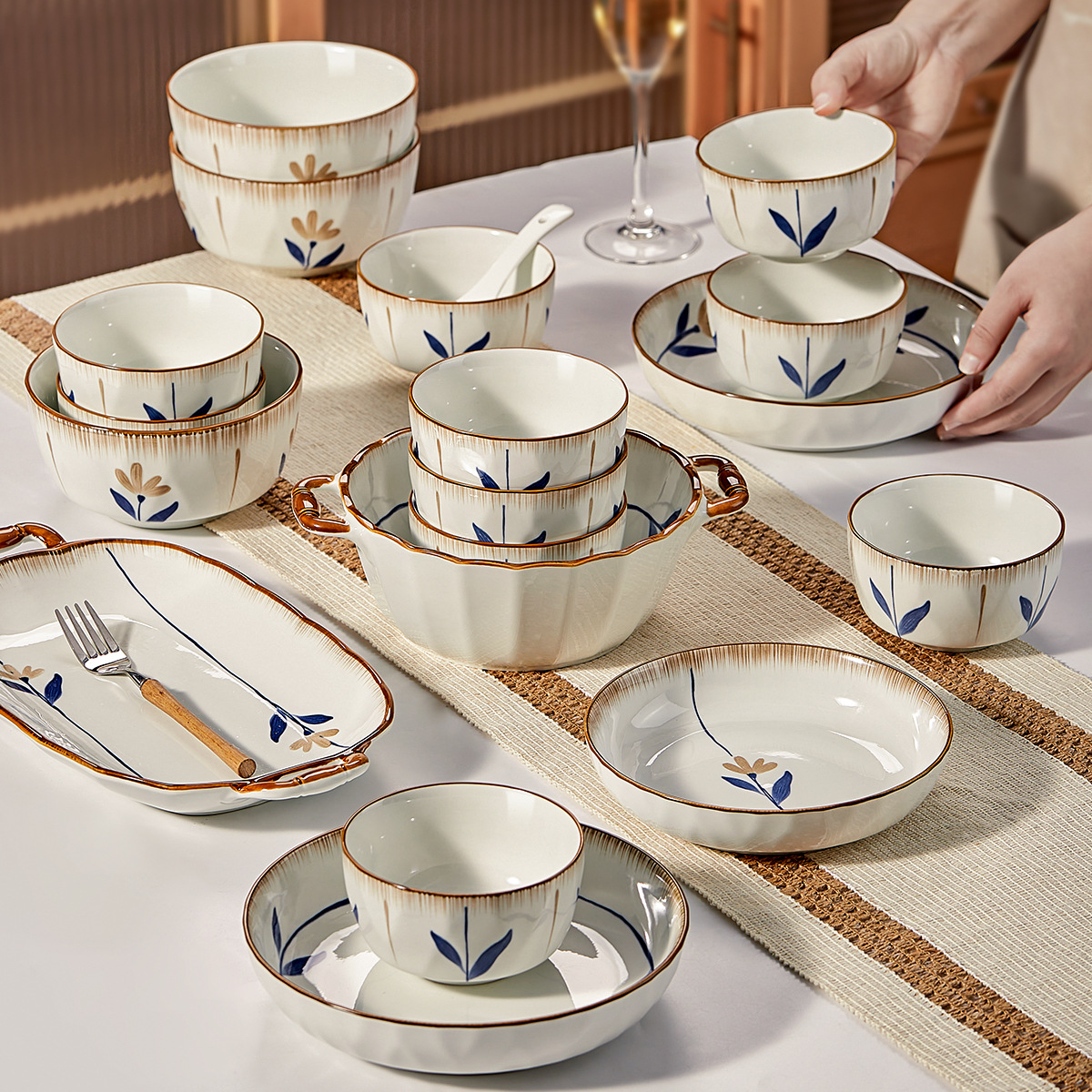 tableware underglaze color bowl and dish set household 2023 new ceramic tableware japanese tableware plate housewarming tableware set