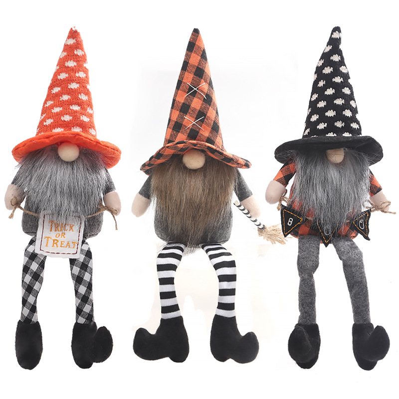 Cross-Border New Halloween Decorations Witch Cloak Hat Faceless Doll Long Legs Figurine Doll Decorative Ornaments