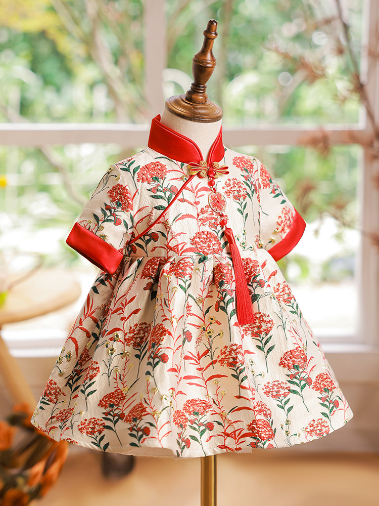 女童唐装中式新款女宝宝一周岁生日抓周礼服红色儿童连衣裙服装夏