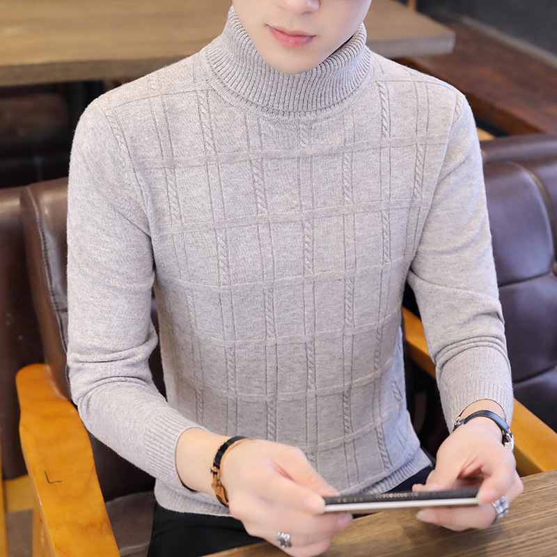 灰色高领毛衣男潮