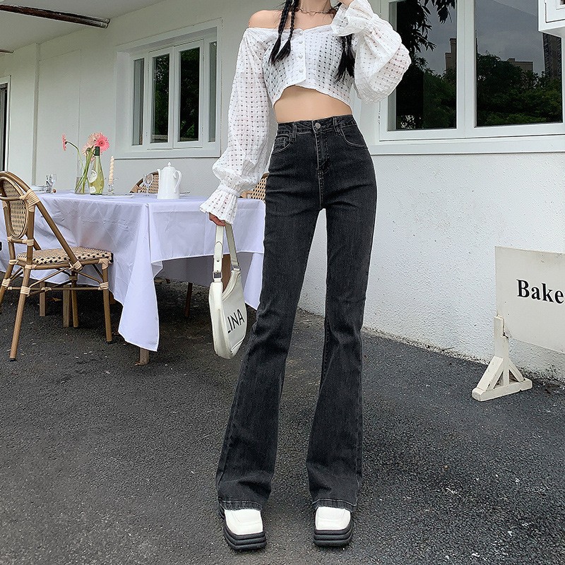 Horn Style in Black Jeans for Women 2023 Early Autumn New High Waist Elastic Skinny Slimming Bootleg Pants Mop Trousers