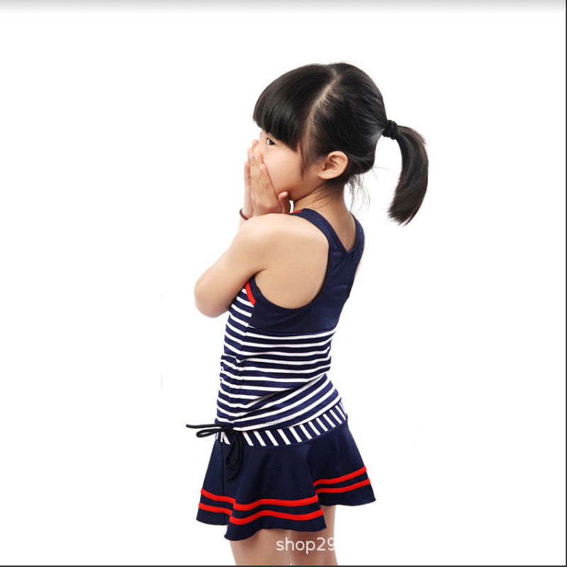 儿童条纹可爱中号大号游泳衣韩版分体裙式女童宝宝温泉泳衣8-12岁