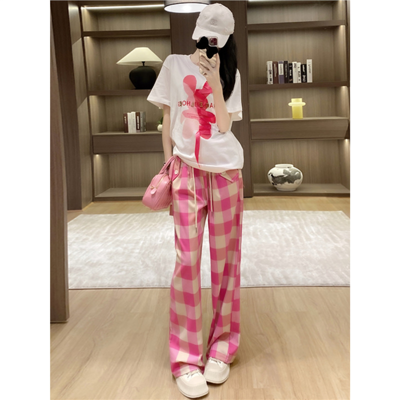 深圳南油休闲运动套装夏季宽松白色短袖t恤格子阔腿裤两件套女装
