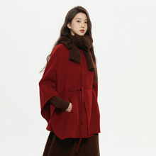 MCL 圣诞红双面羊毛大衣女秋冬款蝙蝠袖假两件系带呢子斗篷外套