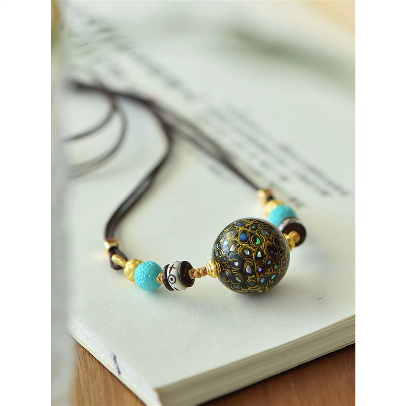 大漆珠锁骨链项链 女款 20mm满螺钿搭配牛骨隔片磷美矿回纹珠项链