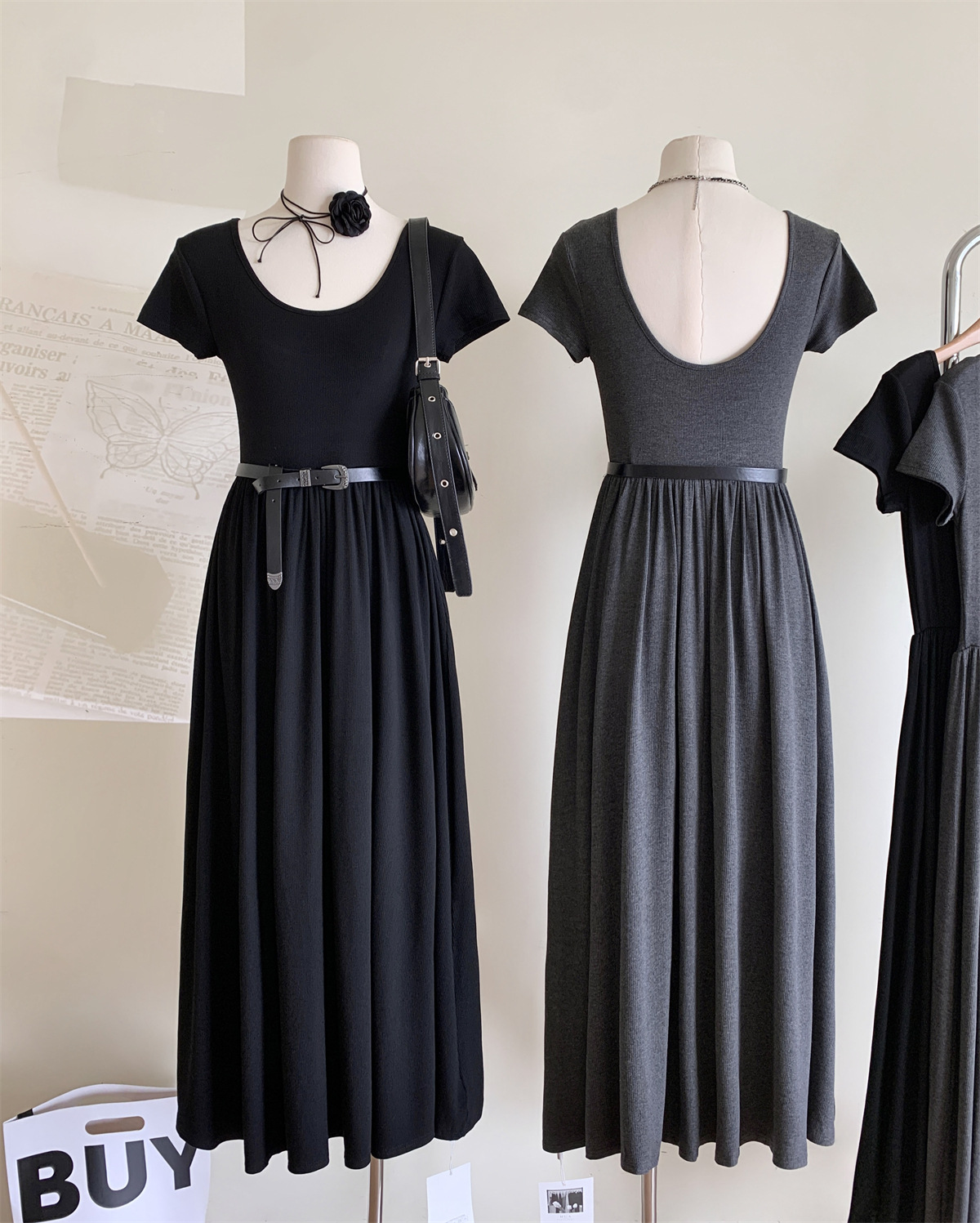 韩系简约垂坠感收腰显瘦短袖连衣裙夏季露背系皮带a字休闲长裙