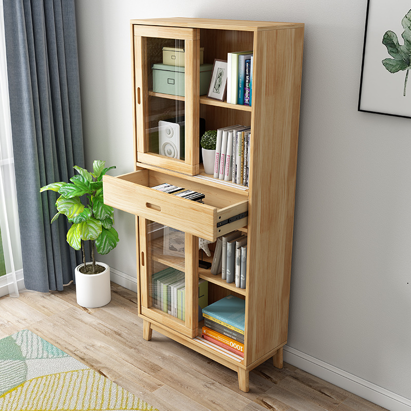 书柜实木客厅玻璃门房间置物柜美式书房松木落地储物柜轻奢小书架